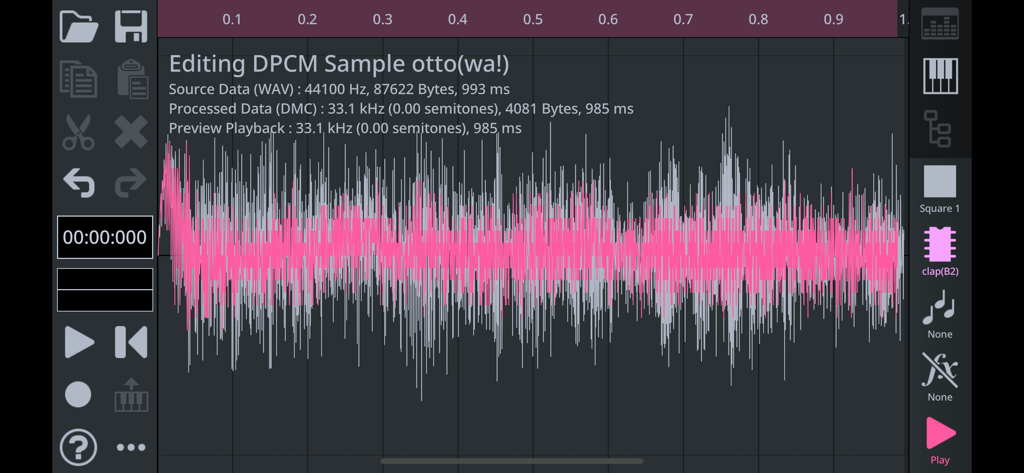 FamiStudio - FamiStudio DPCM sample editor screen displaying a pink audio waveform for 8-bit chiptune music creation