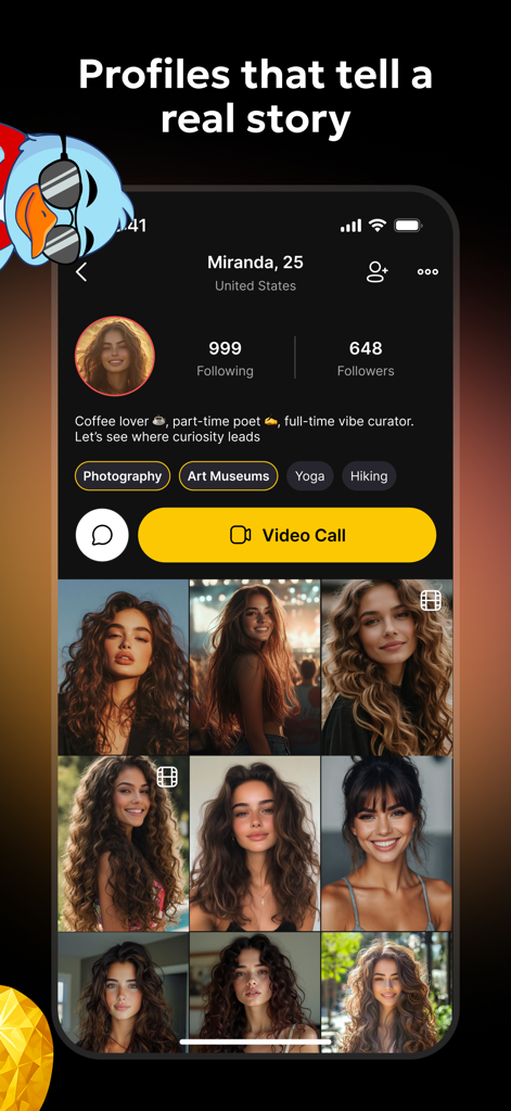 Lola: Live Video Chat, Explore - Captura de pantalla de la aplicación Lola que muestra un perfil de usuario detallado con etiquetas de intereses y un feed de fotos