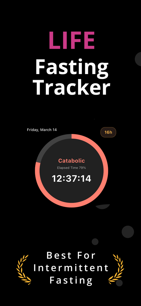 Life Fasting Tracker mobile app interface showing a circular intermittent fasting timer and metabolic state