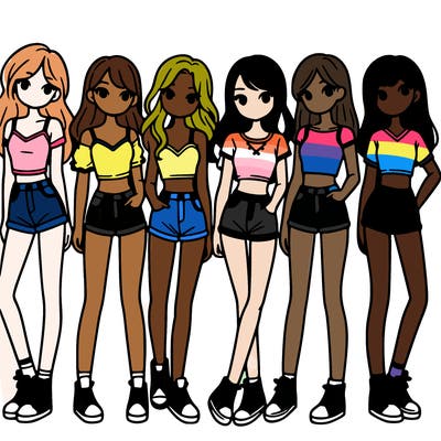 a group of girls wearing crop tops and shorts
