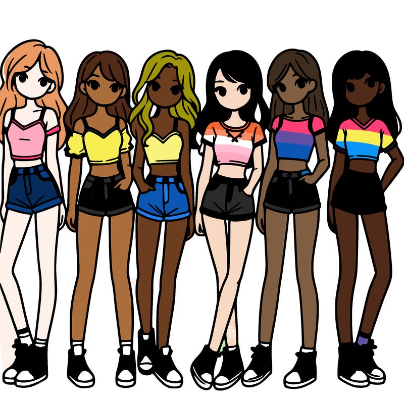 a group of girls wearing crop tops and shorts