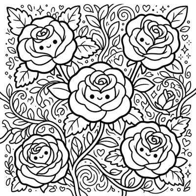 Dive into a world of cuteness with our enchanting Kawaii English Roses coloring template. This charming design features five smiling roses surrounded by delicate vines and tiny adorable details, perfect for a relaxing and joyful coloring session.