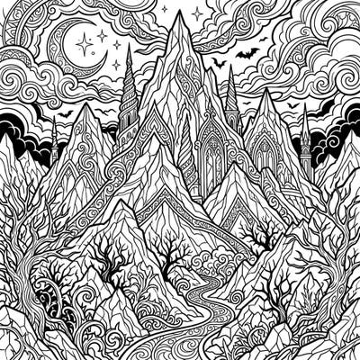 Embark on a captivating coloring journey through a mysterious Gothic mountain realm, specially designed for creative teens. This intricate design offers an exciting challenge, blending majestic peaks with eerie, ornate details under a moonlit sky, inviting a unique artistic interpretation.