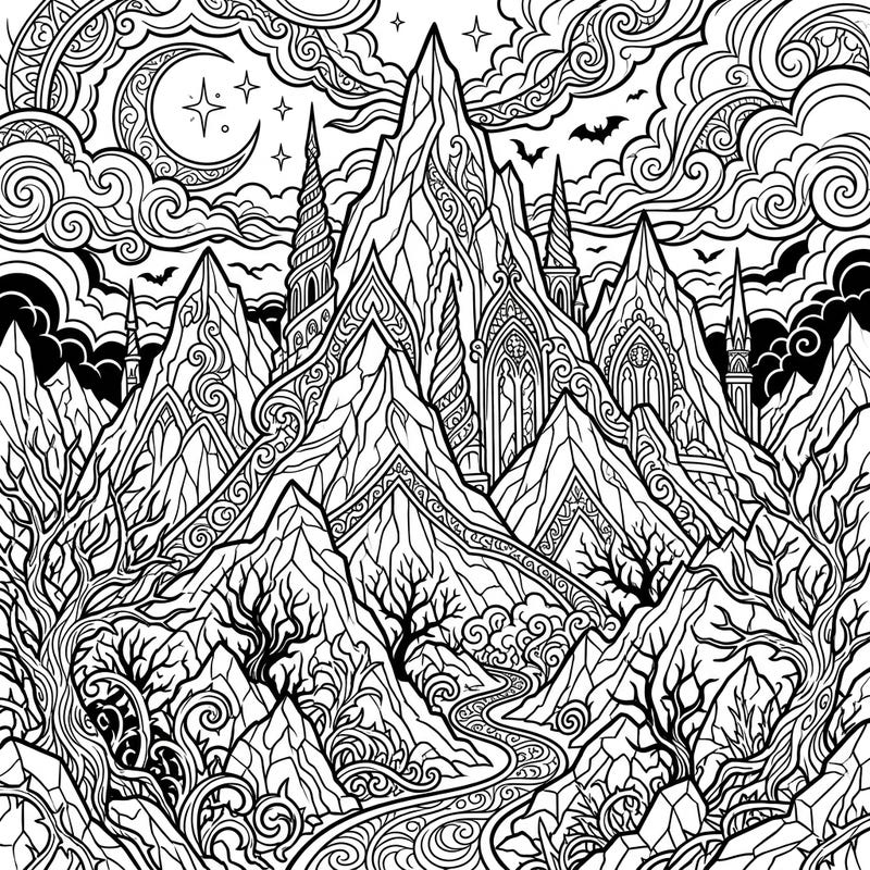 Embark on a captivating coloring journey through a mysterious Gothic mountain realm, specially designed for creative teens. This intricate design offers an exciting challenge, blending majestic peaks with eerie, ornate details under a moonlit sky, inviting a unique artistic interpretation.
