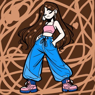 girl in baggy pants crop top and long hair