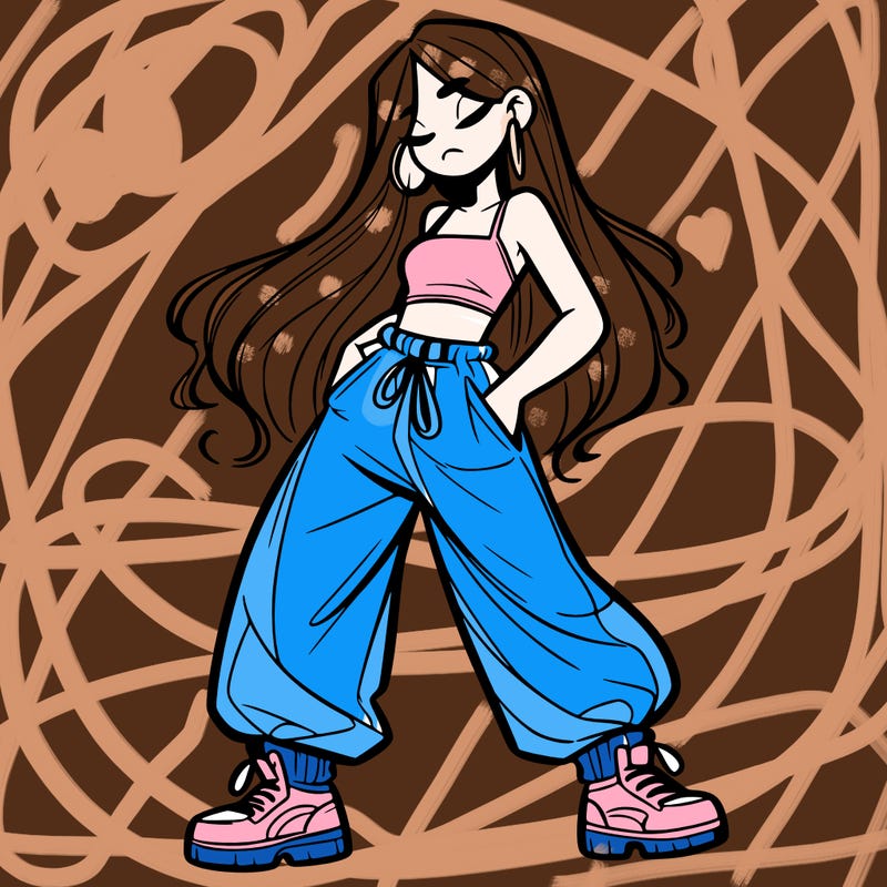 girl in baggy pants crop top and long hair