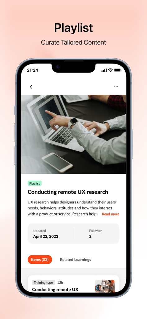 Uno screenshot dell'app mobile Cornerstone Galaxy che visualizza una playlist di apprendimento curata per la ricerca UX da remoto.