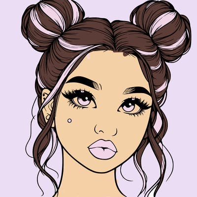 realistic girl with two buns on her hair and lips