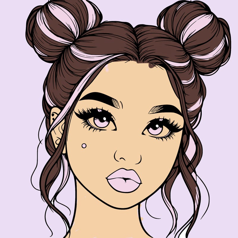 realistic girl with two buns on her hair and lips