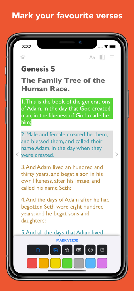 Screenshot dell'app Bible InspiringLife che mostra i versetti evidenziati nella Genesi e un menu di selezione dei colori