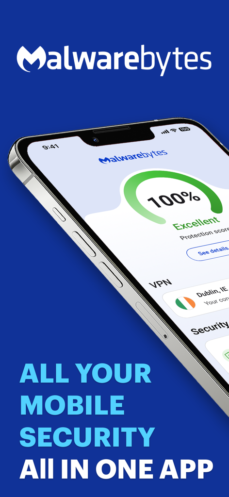 Malwarebytes mobile security app dashboard on an iPhone showing a 100 percent protection score and active VPN
