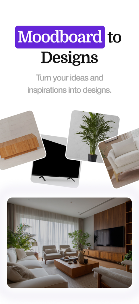 Home Design AI - Remodel Room - Convirtiendo un moodboard de muebles y plantas en un render de diseño de interiores realista usando IA.