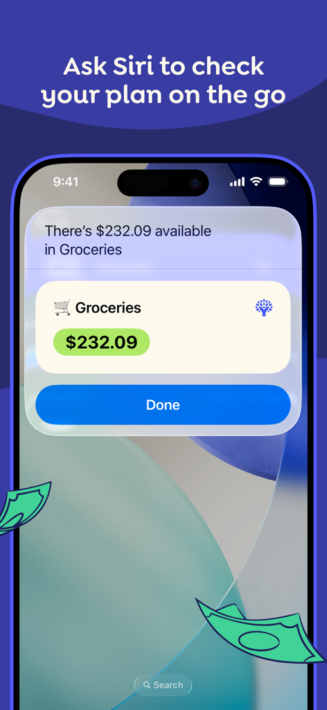 YNAB mobile app interface showing Siri checking the grocery category balance on an iPhone