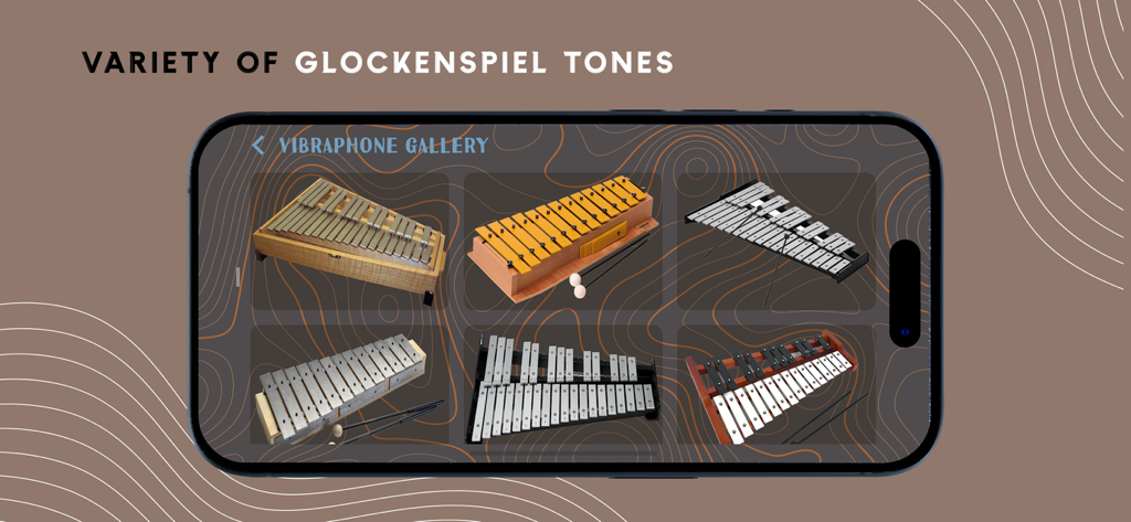 Glockenspiel - Real Sounds - グロッケンシュピールアプリのギャラリービューで、さまざまなビブラフォンやパーカッション楽器のオプションを表示。
