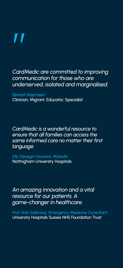 CardMedic - Testimonials from medical professionals highlighting CardMedic as a vital communication resource in healthcare.