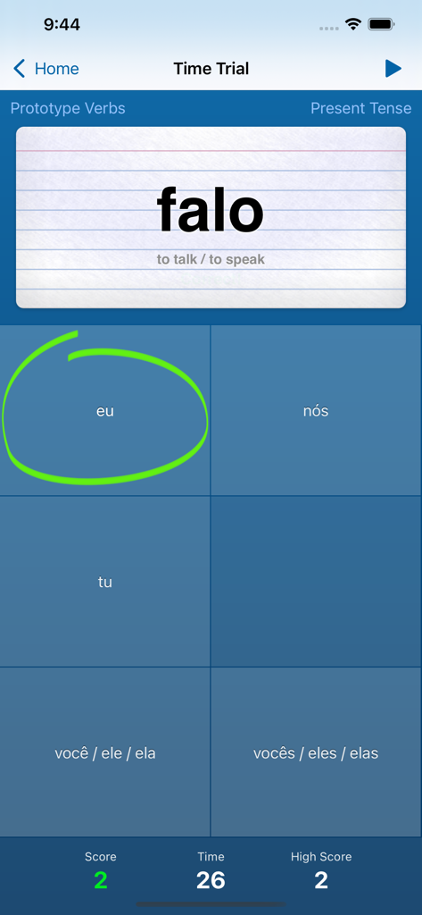 Portuguese Verbs Trainer - A time trial quiz screen for Portuguese verb conjugation in the present tense.
