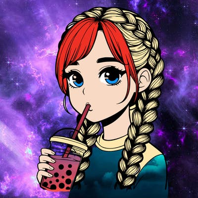 realistic girl with braided hair drinking boba