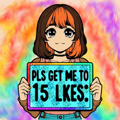 realistic girl holding up a sign that says “pls get me to 15 likes!”