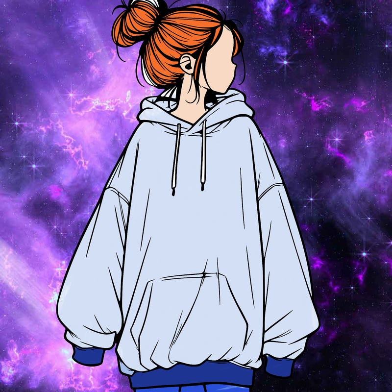 realistic girl with a oversized sweatshirt on and a bun