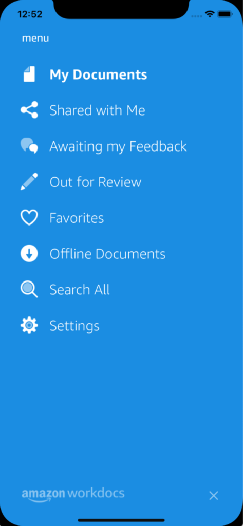 Amazon WorkDocs - Main navigation menu of the Amazon WorkDocs mobile app displaying document categories like Shared with Me and Offline Documents