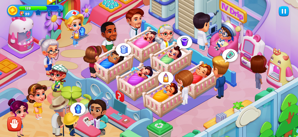 Hospital Madness: Clinic Games - Animated pediatric ward in Hospital Madness with doctors tending to babies in cribs
