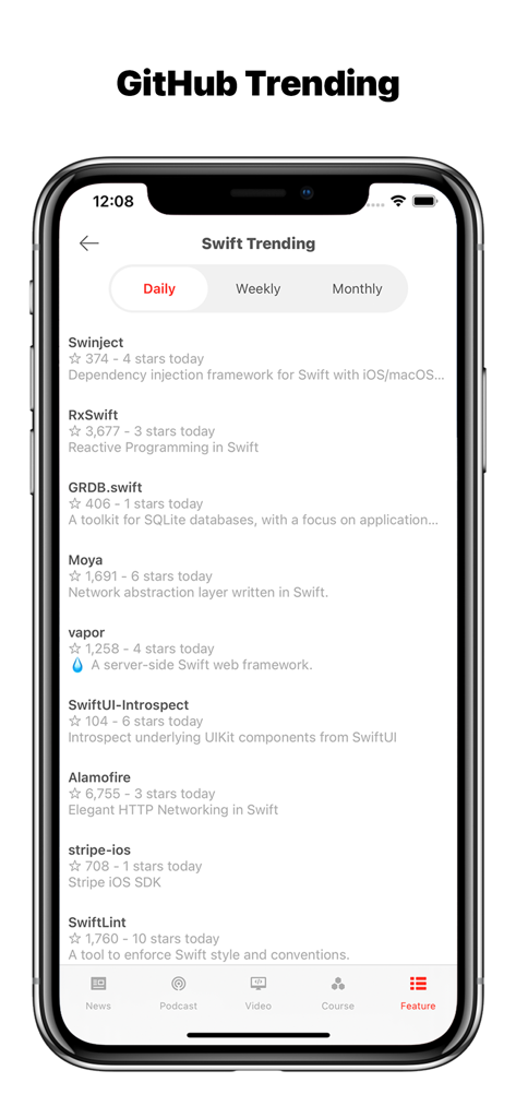 iDev: Developer News - iPhone screenshot of iDev app displaying a list of trending Swift libraries and frameworks from GitHub