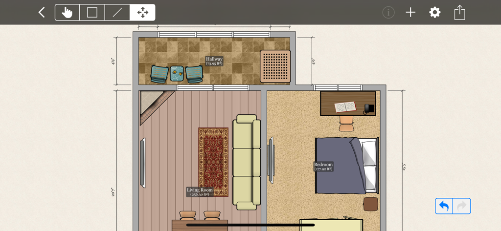 Planimetria 2D dall'alto di una casa con soggiorno e camera da letto