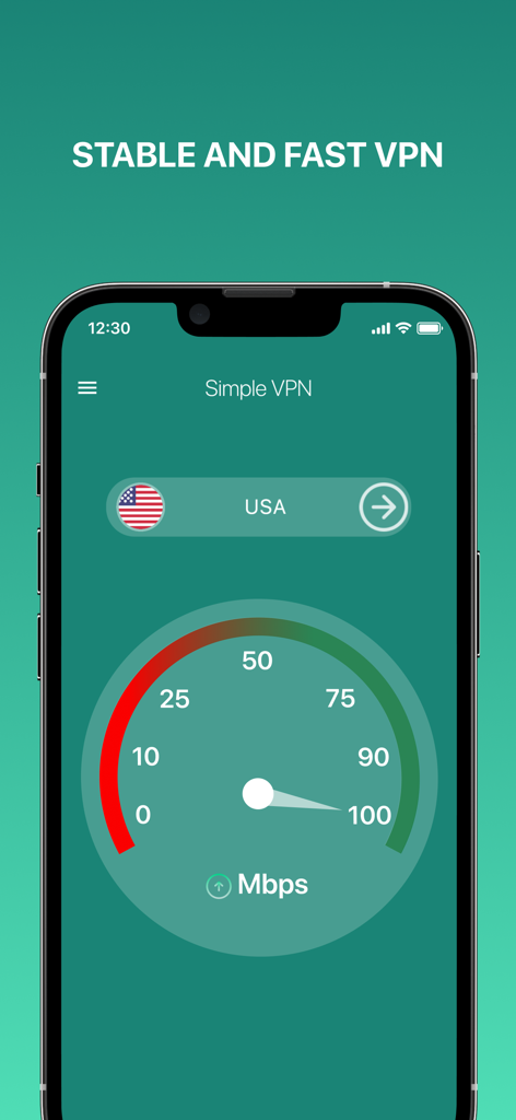 Simple VPN Pro app interface showing fast connection speed with a USA server selected