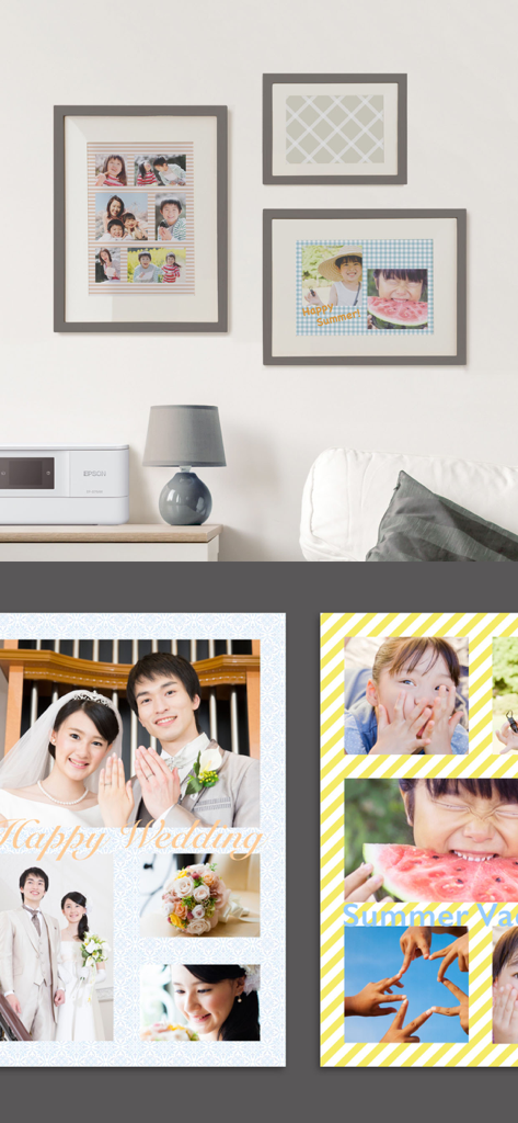 Epson Creative Print - Collages de fotos enmarcados de recuerdos de bodas y verano en una pared junto a una impresora Epson
