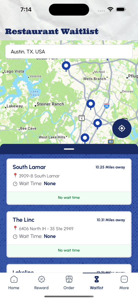Pluckers Club app restaurant waitlist screen showing Austin Texas locations and wait times