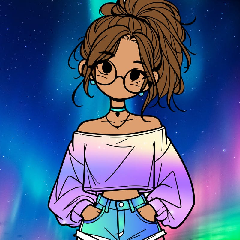 girl with a messy ponytail glasses a baggy crop top and jean shorts