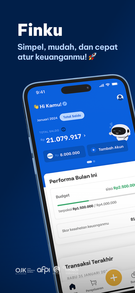 Finku: Budget & Money Manager - Finku mobile app interface showing total balance monthly budget progress and AI financial assistant mascot