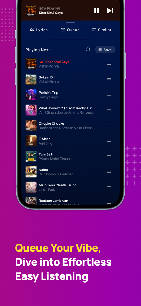 Gaana Music app screen showing the playing next queue with a list of Bollywood and Punjabi songs
