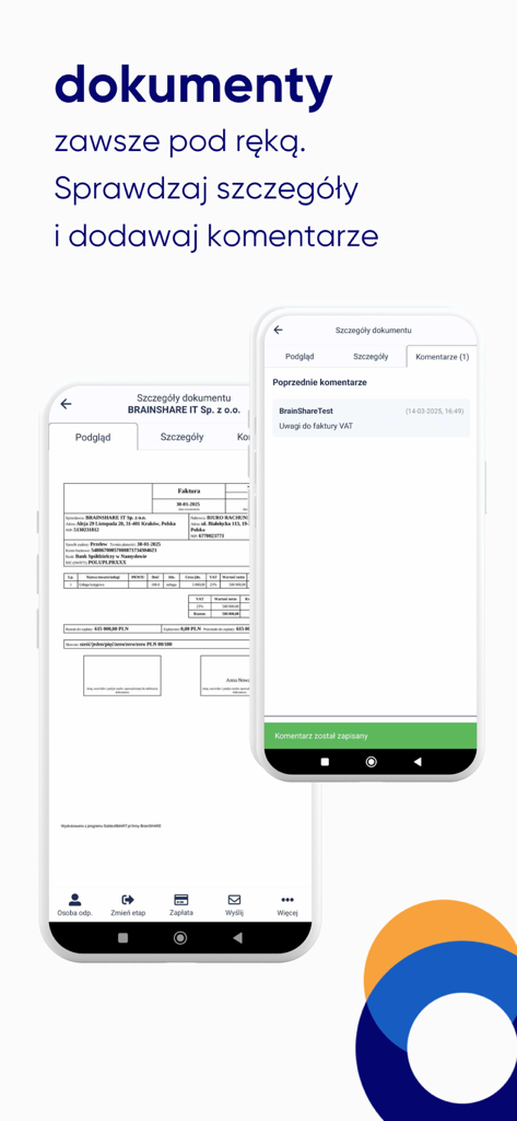 Écrans de l'application mobile SaldeoSMART affichant un aperçu de facture et des commentaires sur le document