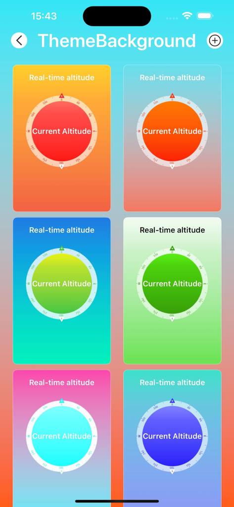 Altimeter Pro - Altitude & Map - A selection screen for Altimeter Pro app showing various colorful gradient theme backgrounds for the altitude dashboard