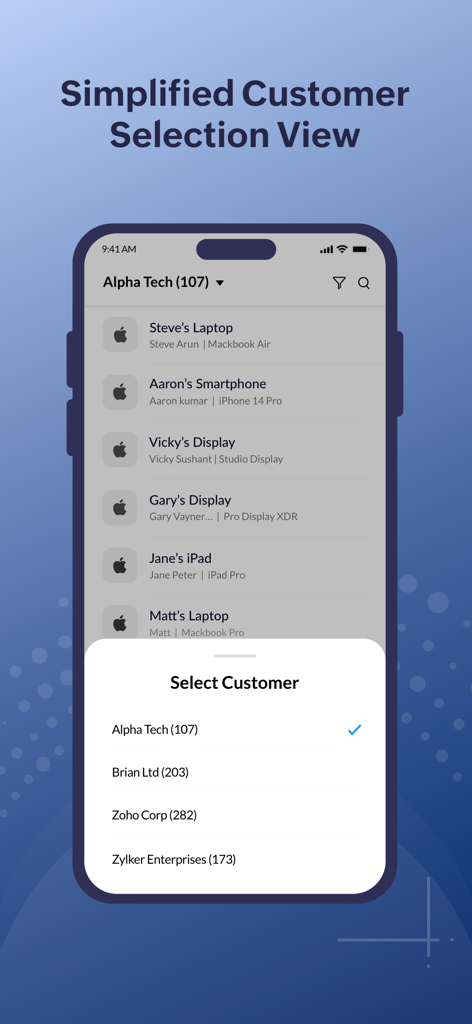 Vista semplificata di selezione del cliente per gli amministratori IT MSP per gestire più dispositivi dei clienti