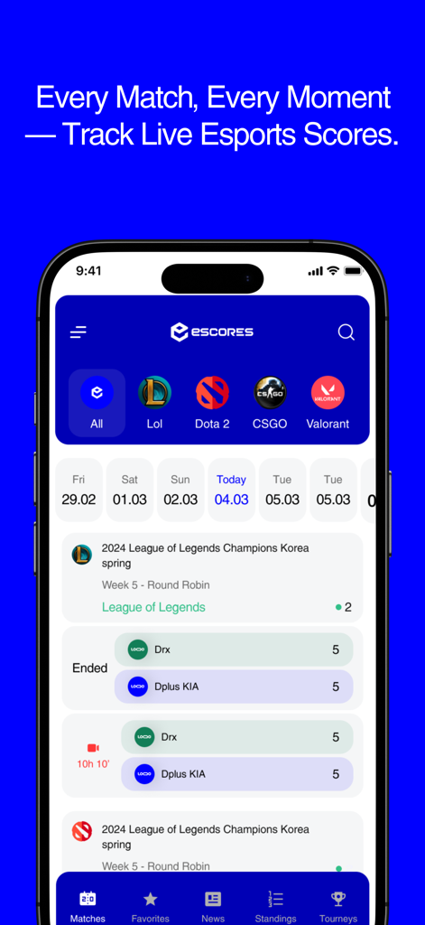 Escores Stats app displaying live esports match scores and schedules for League of Legends and other titles