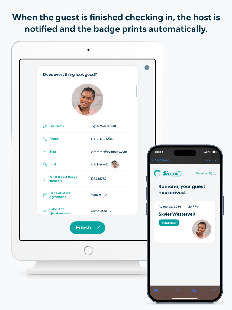 iPad displaying a guest check-in summary and an iPhone showing a host arrival notification