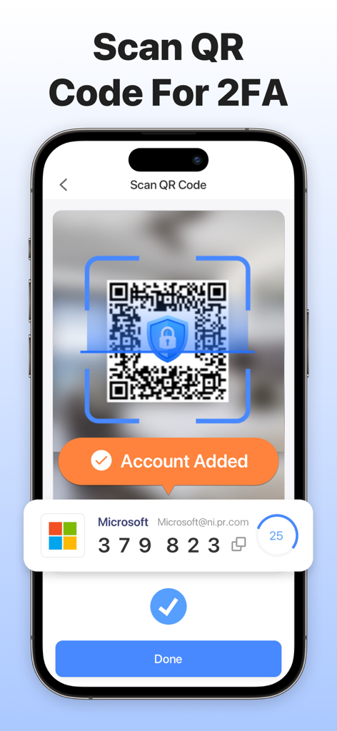 Authenticator App ｀ - Una pantalla de iPhone mostrando la App de Autenticación escaneando un código QR para agregar una cuenta de autenticación de dos factores.