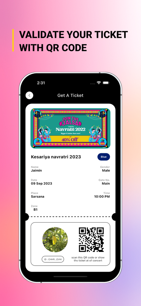 Digital event ticket with a QR code for identity verification on the My Digi Event app