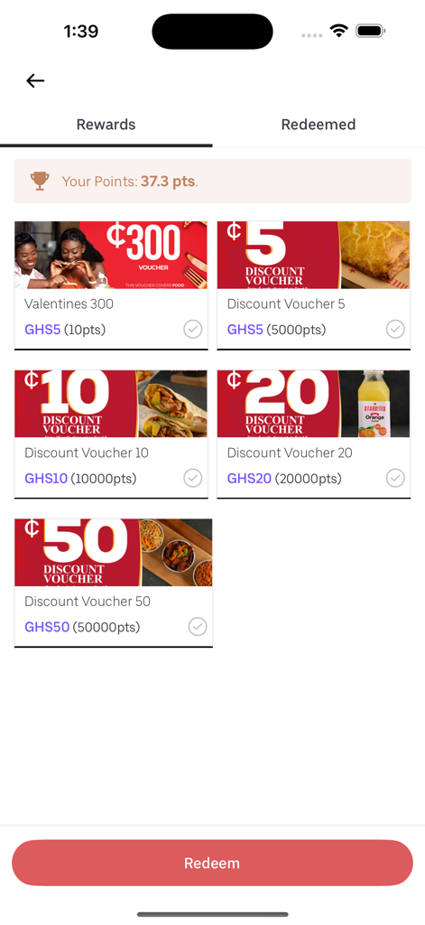 Starbites mobile app rewards page showing available discount vouchers and loyalty points balance