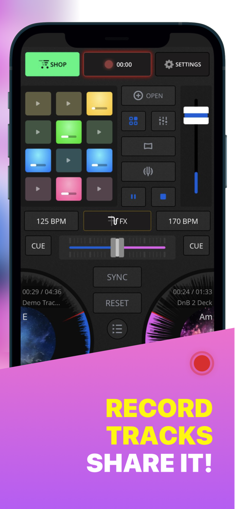 DJ Control - Remix music live - Interface of the DJ Control app showing music pads, mixer controls, and virtual decks for recording tracks.