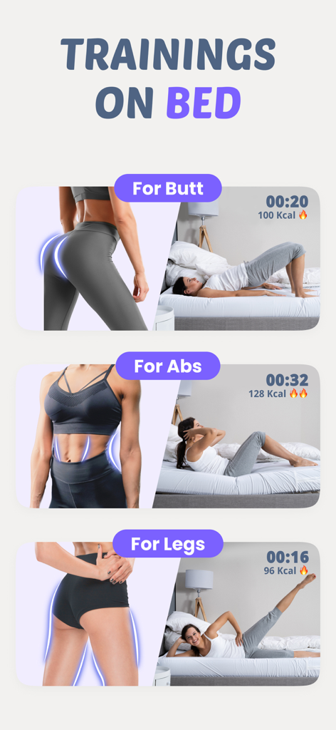 Lazy Workout for Weight Loss - Lazy Workout app showing training routines for butt abs and legs performed on a bed