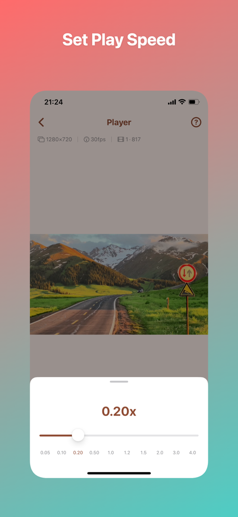 Interface of Framo video player app showing a landscape video with a slow motion playback speed slider set to zero point twenty times