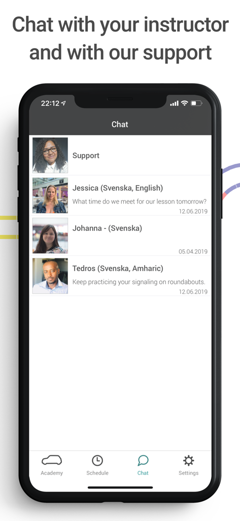 Mitt Körkort - In-app chat interface for communicating with driving instructors and support staff in the Mitt Korkort app