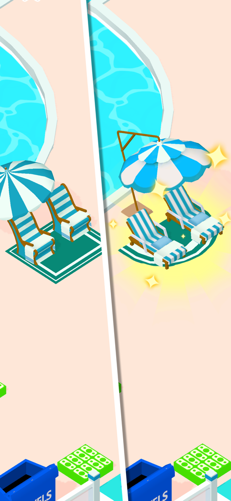 WaterPark Boys - Comparación de tumbonas antes y después de una mejora en el juego WaterPark Boys