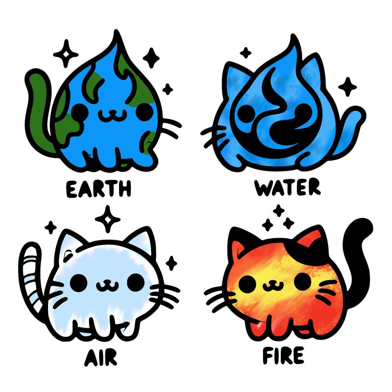 4 cats that represent the different elements, earth, water, air, and fire