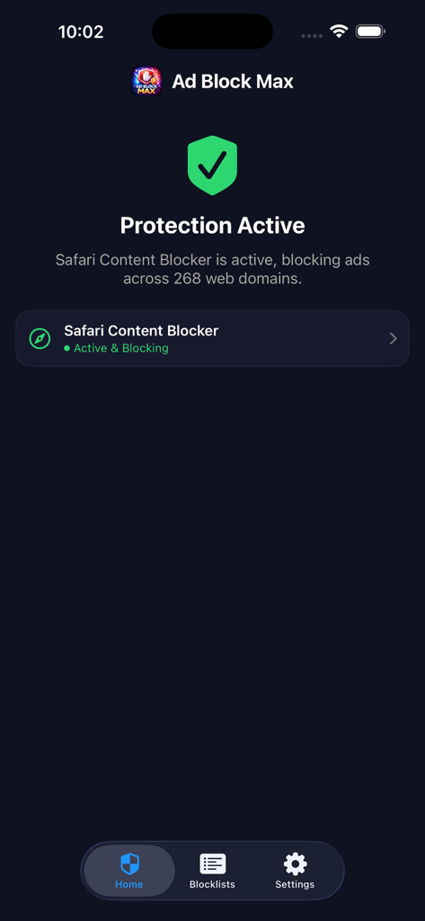 Project Ad Block - Ad Block Max app home screen showing Safari Content Blocker status as active and blocking ads