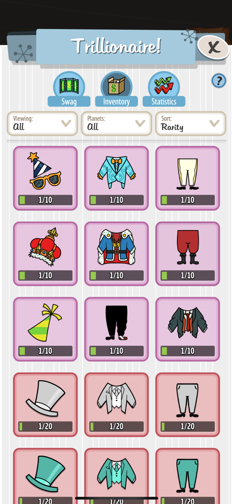 A character customization menu in AdVenture Capitalist showing various unlockable suits hats and clothing items