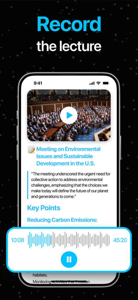 Fathom - AI Note Taker - iPhone-Bildschirm, der die Fathom AI Note Taker-App zeigt, die eine Vorlesung aufzeichnet und automatische Transkriptionen und wichtige Punkte generiert